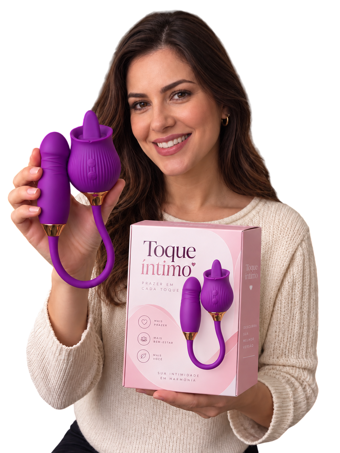Mujer sonriendo mostrando el vibrador Toque Íntimo y su caja de empaque